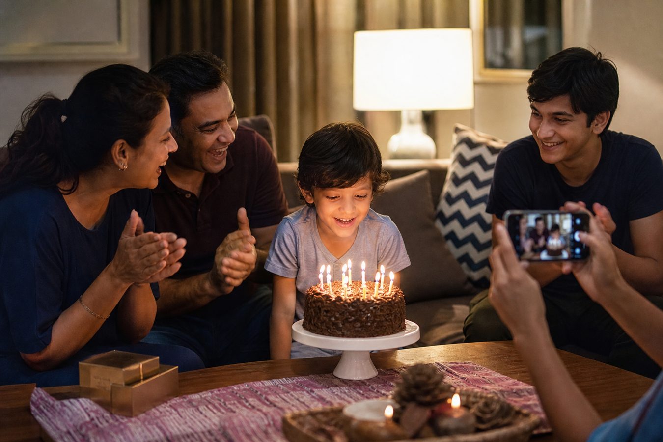 Family gathered around a birthday cake with lit candles