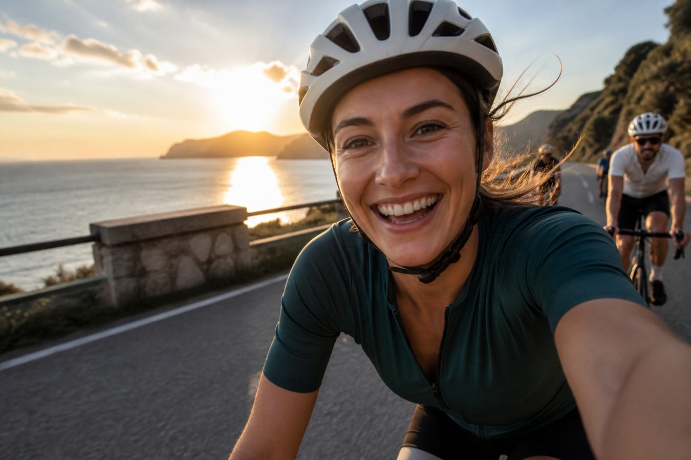 Cyclist smiling on a coastal road at sunset, with two riders behind