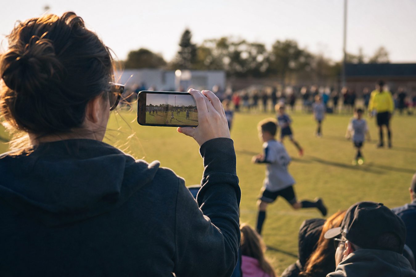Parent in the stands recording a youth soccer game on a phone