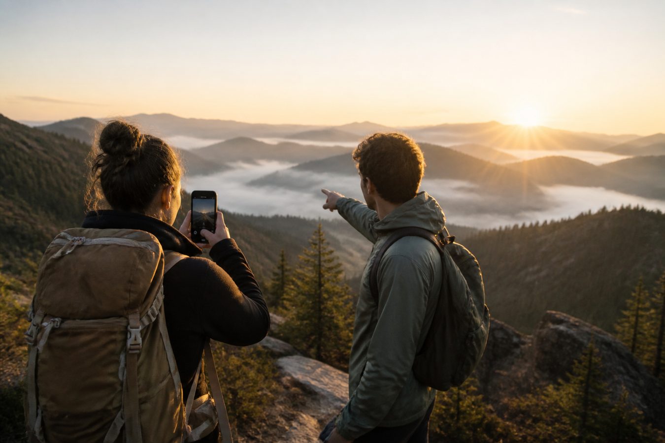 Two hikers on a mountain ridge at sunrise overlooking a misty valley