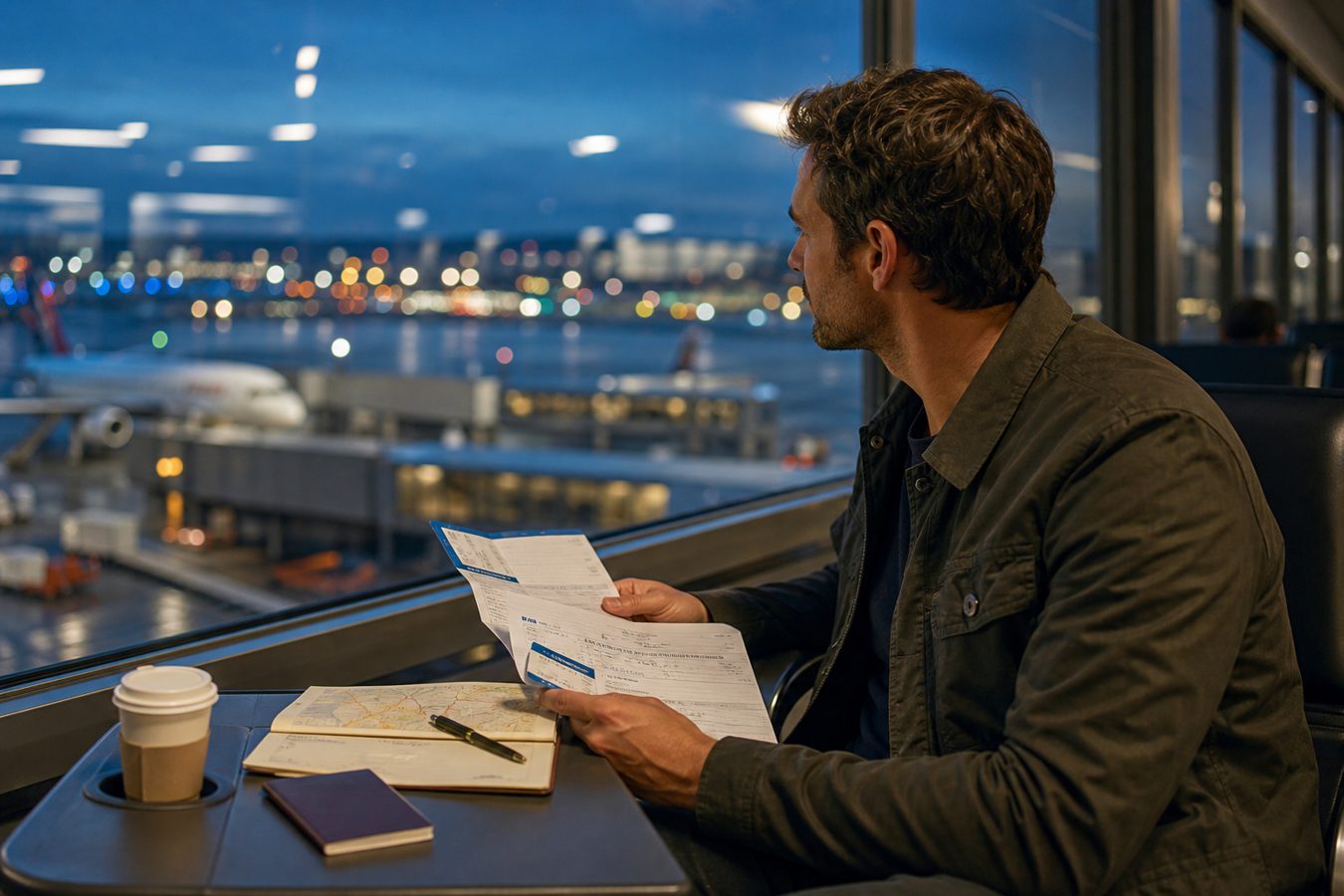 Traveler at an airport window with boarding pass, notebook map, and coffee